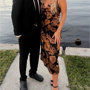 Lulu's Cowl Neck Black and Brown Floral Midi Dress